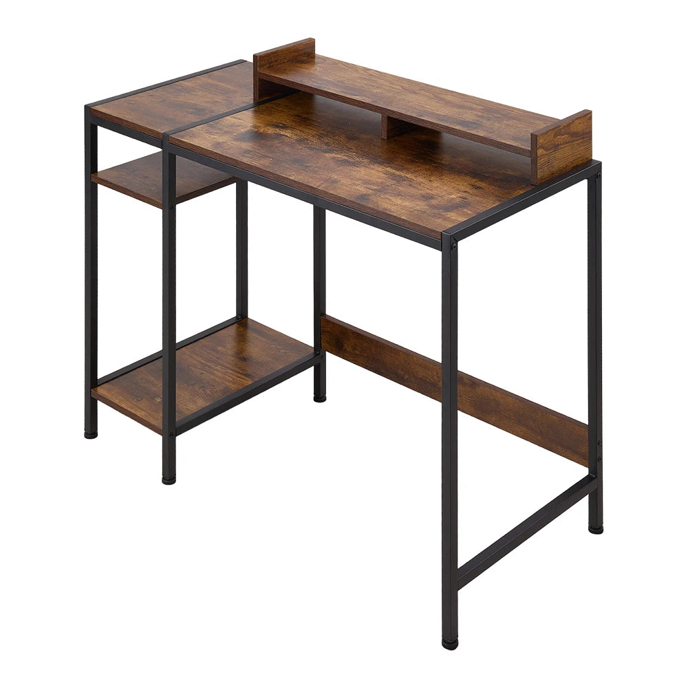Bureau d’ordinateur en forme L avec support pour moniteur – Bureau compact avec étagères intégrées – 100 × 46 × 84 cm – Rétro / Noir