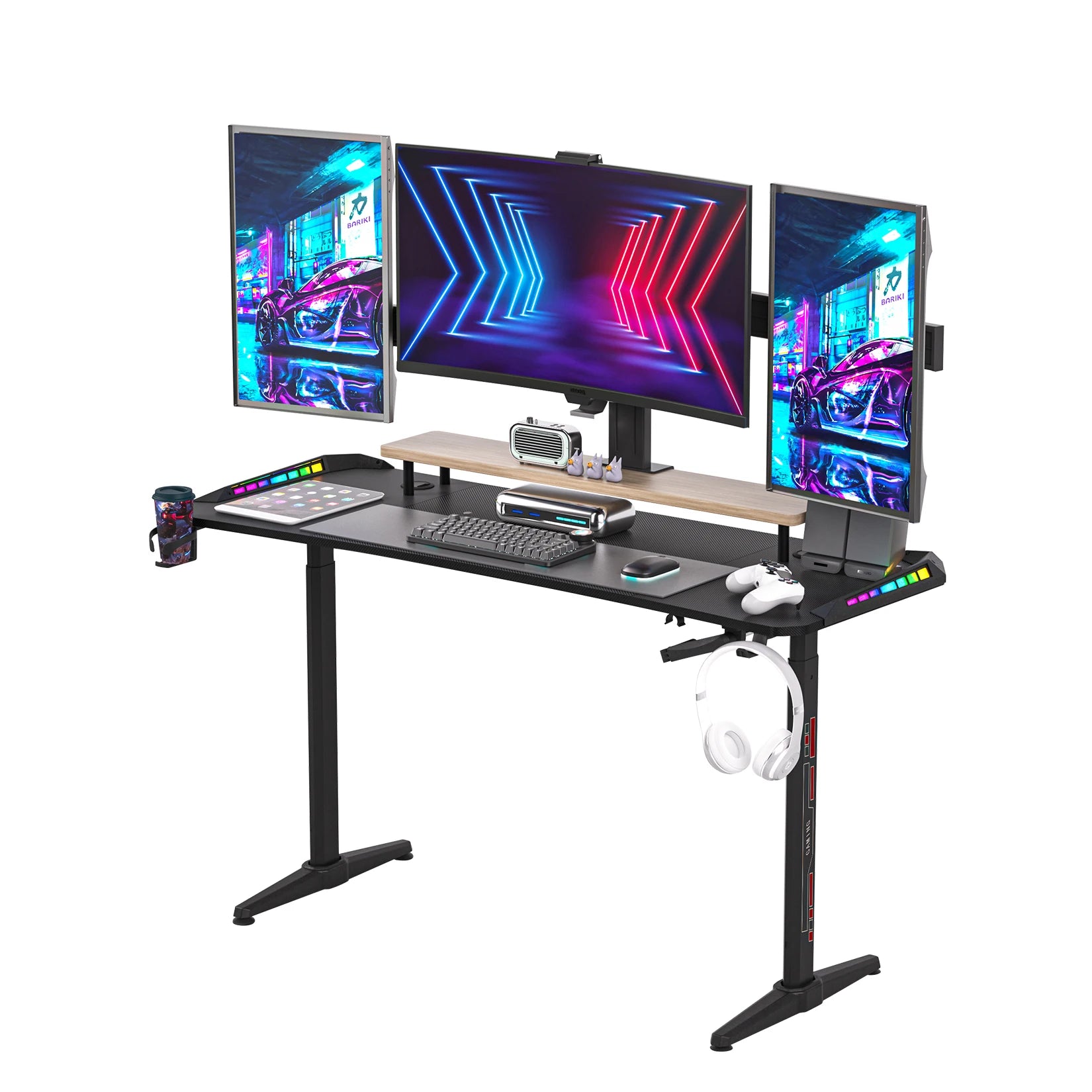 Bureau Gaming réglable en hauteur avec éclairage LED RVB – Grand bureau PC 160 × 60,5 cm pour gaming et bureau à domicile – Noir