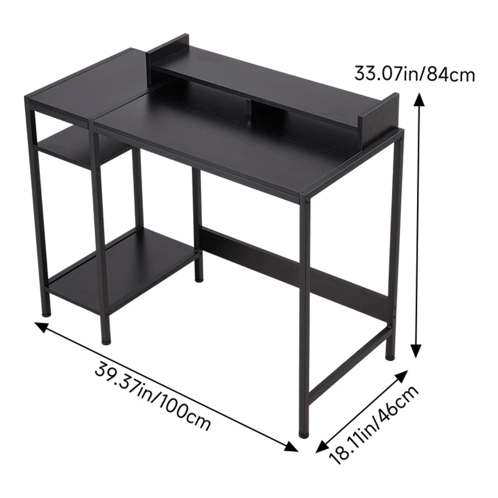 Bureau d’ordinateur en forme L avec support pour moniteur – Bureau compact avec étagères intégrées – 100 × 46 × 84 cm – Rétro / Noir