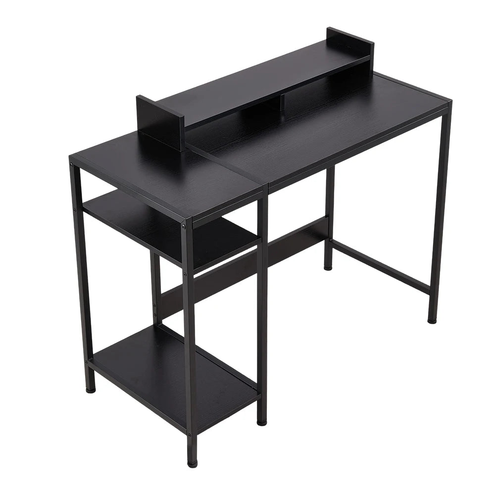 Bureau d’ordinateur en forme L avec support pour moniteur – Bureau compact avec étagères intégrées – 100 × 46 × 84 cm – Rétro / Noir