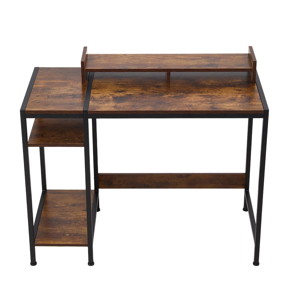 Bureau d’ordinateur en forme L avec support pour moniteur – Bureau compact avec étagères intégrées – 100 × 46 × 84 cm – Rétro / Noir