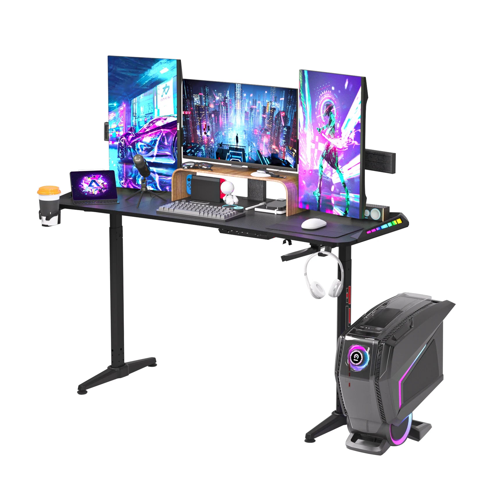 Bureau Gaming réglable en hauteur avec éclairage LED RVB – Grand bureau PC 160 × 60,5 cm pour gaming et bureau à domicile – Noir