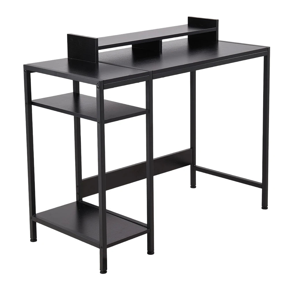 Bureau d’ordinateur en forme L avec support pour moniteur – Bureau compact avec étagères intégrées – 100 × 46 × 84 cm – Rétro / Noir