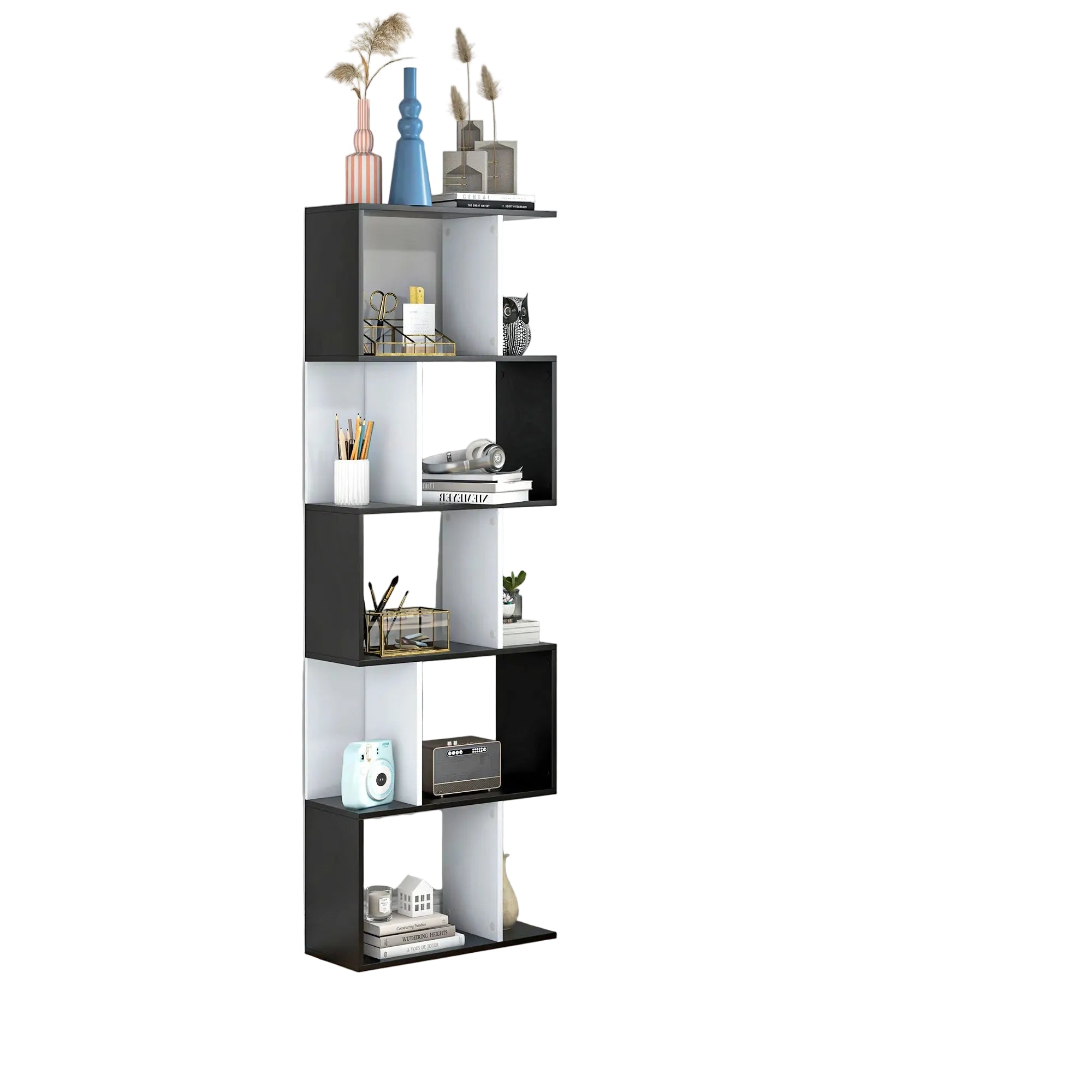 Bibliothèque à 5 niveaux en forme de S – Étagère de rangement noire – 60 × 24 × 184,5 cm