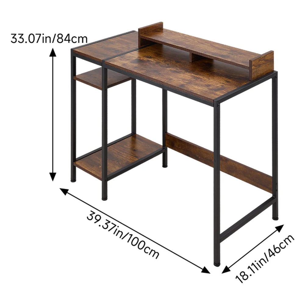 Bureau d’ordinateur en forme L avec support pour moniteur – Bureau compact avec étagères intégrées – 100 × 46 × 84 cm – Rétro / Noir