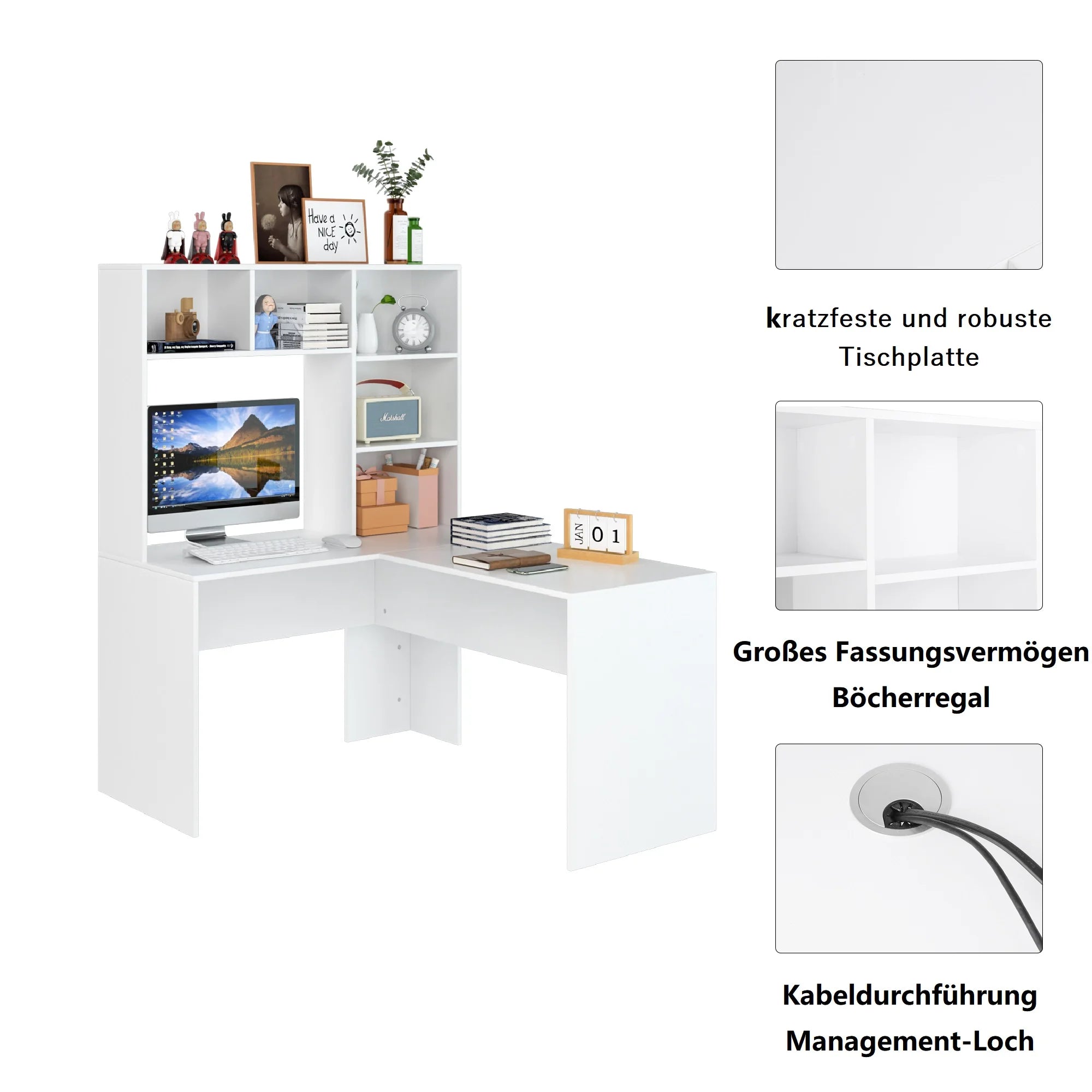 Bureau d’angle en forme L avec rangements et étagères intégrées – Bureau d’ordinateur blanc – 107,8 × 124,7 × 152,5 cm